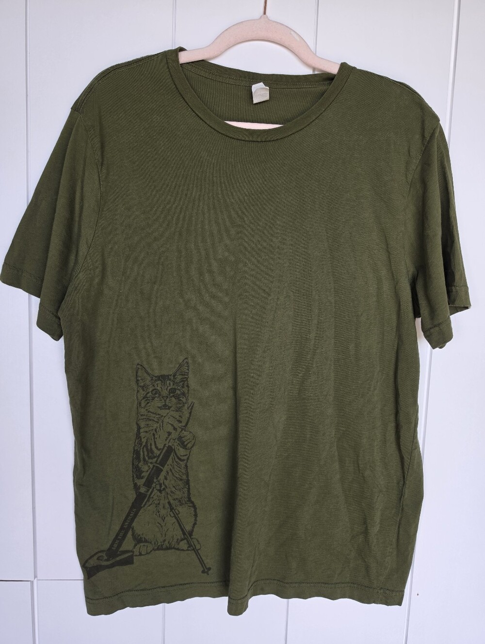 Lane Seven Arm the Animals Green unisex kitten and weapon graphic Tshirt